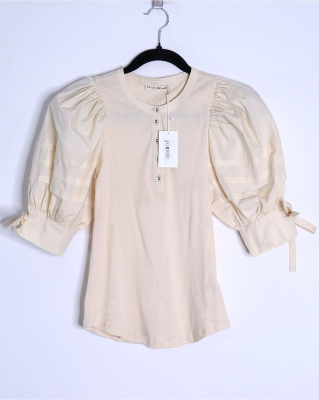 ULLA JOHNSON Iman Poplin Sleeve Top NWT Cream Henley Ribbed Women's P/US 0-00