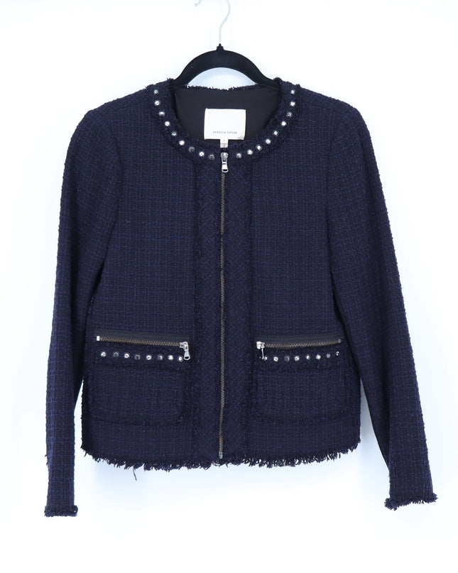 Rebecca Taylor Zip Up Tweed Jacket Navy Embellished Trim Blazer Women's 4