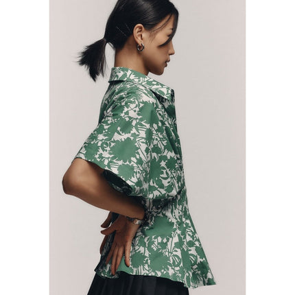 EXQUISE Madilynn Short Sleeve Pleated Blouse Green Button Front Women's XS