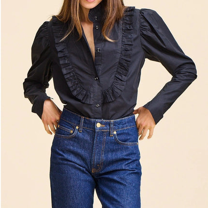 Mille Jolie Top Black Cotton Poplin Blouse Ruffled Bib Button Front Women's XS
