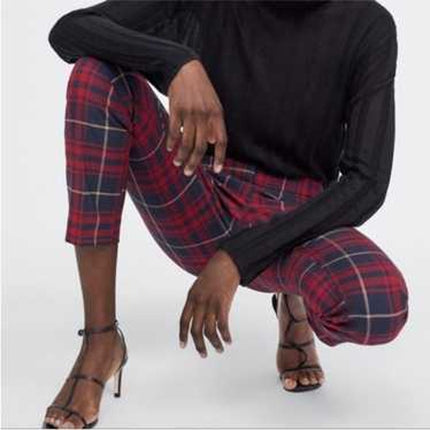 Zara Basic Plaid Skinny Trouser Red and Navy NWT Split Hem Pant Women's XS