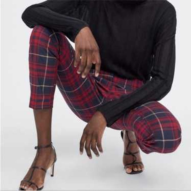 Zara Basic Plaid Skinny Trouser Red and Navy NWT Split Hem Pant Women's XS