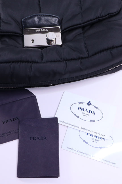 PRADA Tessuto Nylon Bomber Sound Bag Black Leather Adjustable Shoulder Strap