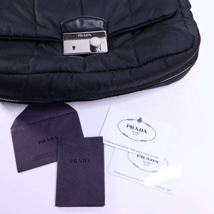 PRADA Tessuto Nylon Bomber Sound Bag Black Leather Adjustable Shoulder Strap