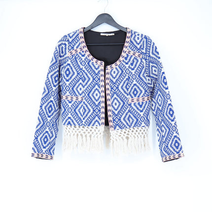 Tularosa Santa Fe Fringe Jacket Blue Ikat Print Open Long Sleeve Women's XS