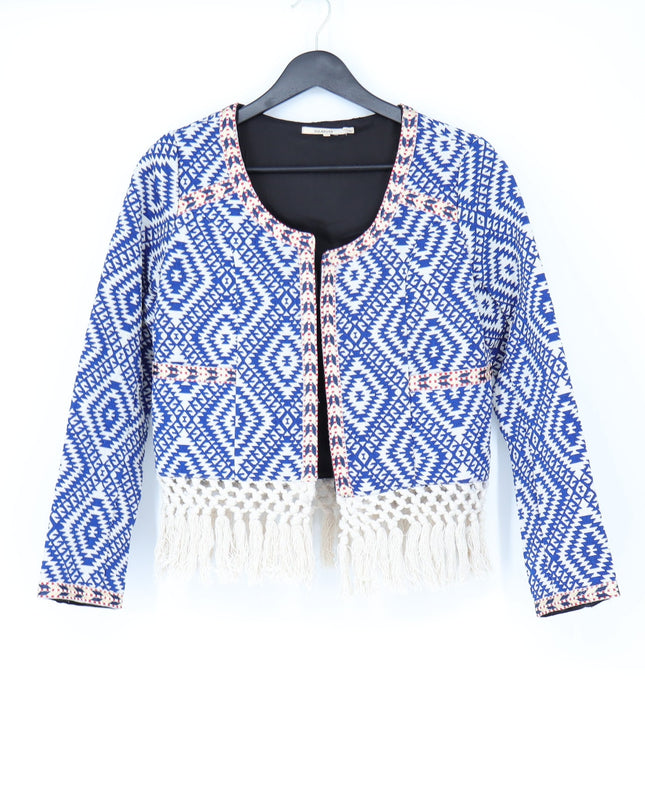 Tularosa Santa Fe Fringe Jacket Blue Ikat Print Open Long Sleeve Women's XS