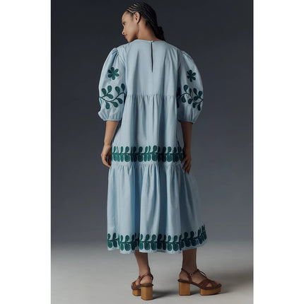 by ANTHROPOLOGIE Embroidered Midi Dress Light Blue Puff Sleeve Women's XS