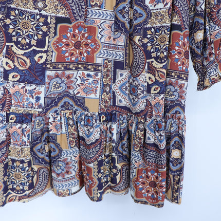 TYLER BOE Michelle Patchwork Mini Dress Brown Multi NWT Popover Ruffle Women's M