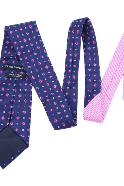HAMMER MADE Paisley Neck Tie Silk Navy Blue Pink Squares Businesswear Formal OS