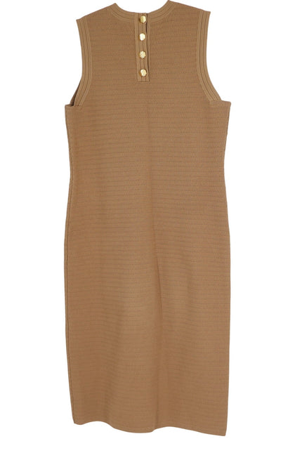 ST. JOHN Purl Knit Midi Sheath Dress Beige Sleeveless Gold Buttons Women's L