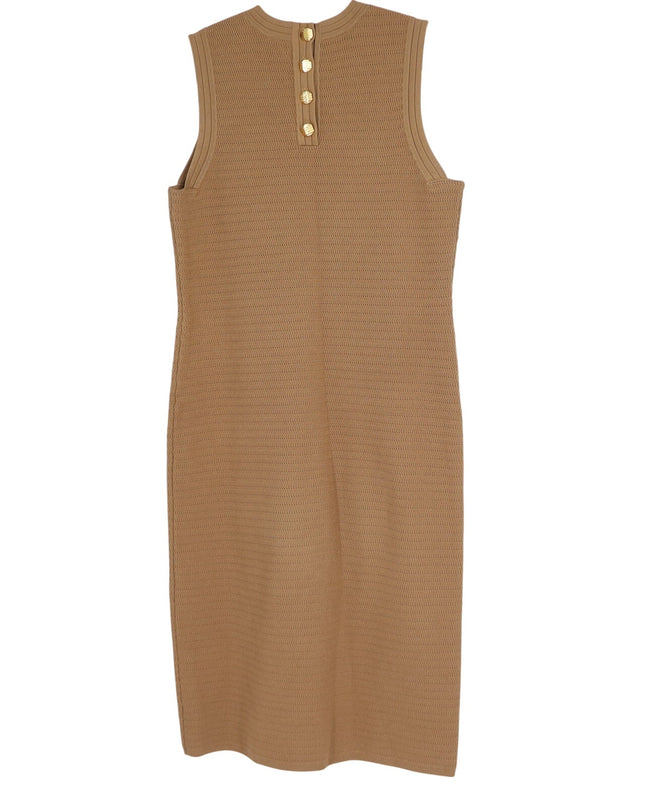 ST. JOHN Purl Knit Midi Sheath Dress Beige Sleeveless Gold Buttons Women's L