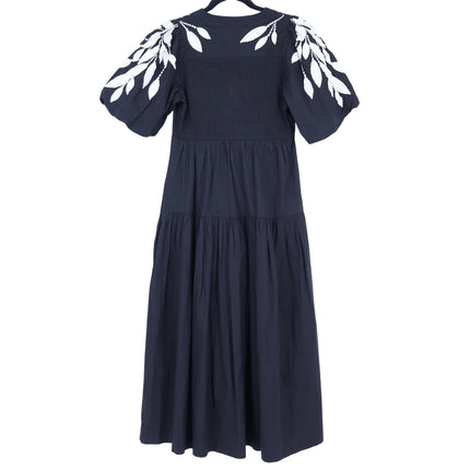 Anthropologie Embroidery Applique Midi Dress Black Puff Sleeve Women's XS