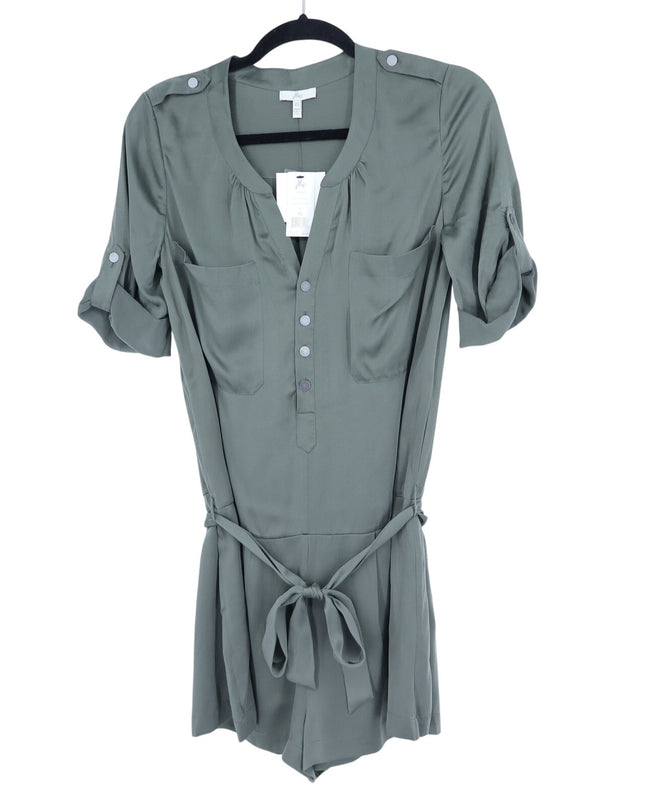 Joie Silk Romper Fatigue Green NWT Belted Half Button Tab Sleeve Women's XS