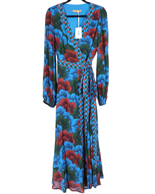 OLIPHANT Madrid Blue Wrap Dress NWT Floral Maxi Long Sleeve Women's M
