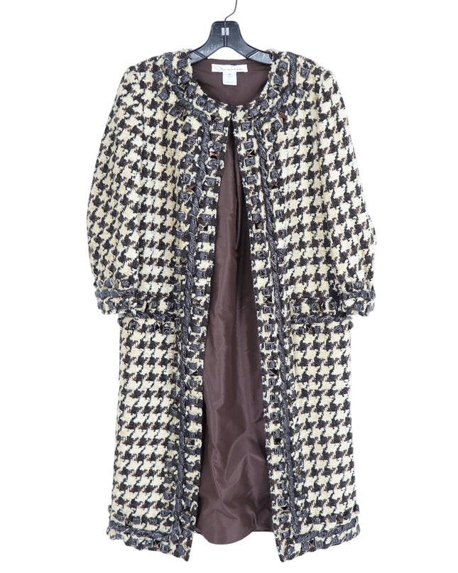 Oscar De La Renta VTG Houndstooth Longline Overcoat Brown and Cream Women's 6