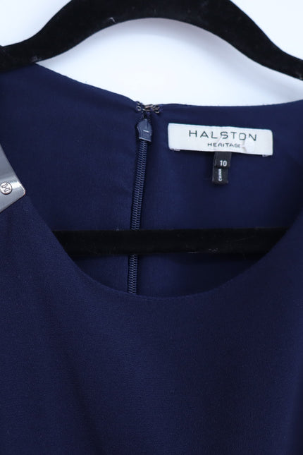 HALSTON HERITAGE Navy Blue Asymmetrical Gown Metal One Sleeve Women's 10