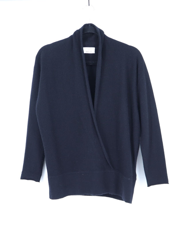 Allude Cashmere and Wool Wrap Front Sweater Black 3/4 Sleeve Casual Women's S