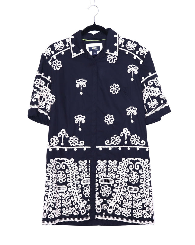 MAEVE Short Sleeve Collared Mini Shirt Dress Black Embroidered Casual Women's XS