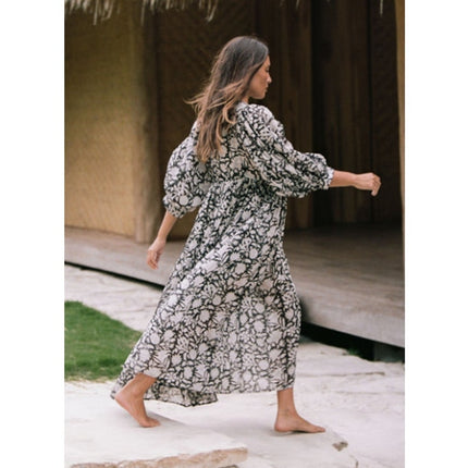 Daughters of India Kyra Maxi Dress Pepper Black NWT Jaal Block Print Women's S