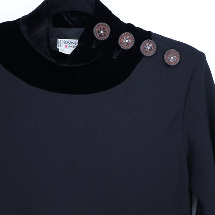 Yves Saint Laurent VTG Dress Black Summer Wool Velvet Button Neck Womens 38/US 6