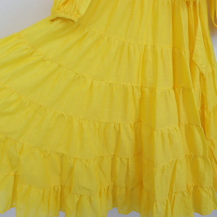 BANANA REPUBLIC Stampa Wrap Dress Yellow Tiered Skirt Long Sleeve Women's XS