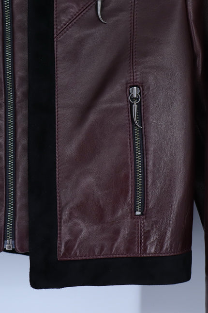 MATHIEU MIRANO Leather Cropped Jacket Maroon and Black Long Sleeve Women's S