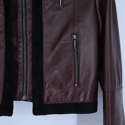 MATHIEU MIRANO Leather Cropped Jacket Maroon and Black Long Sleeve Women's S