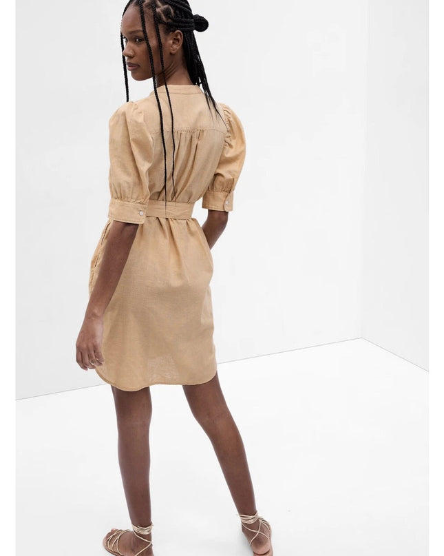 Gap Puff Sleeve Linen Cotton Shirtdress Beige NWT Belted Women's XXS