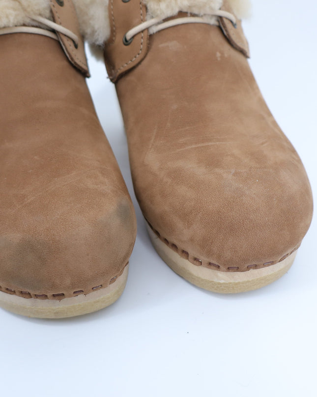 NO. 6 Clog Shearling Suede Ankle Boot Tan Heeled Lace Up Women's 42/US 11.5