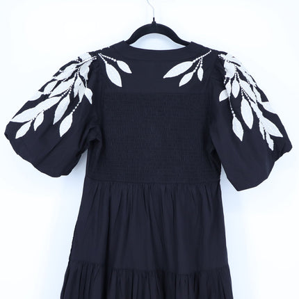 Anthropologie Embroidery Applique Midi Dress Black Puff Sleeve Women's XS