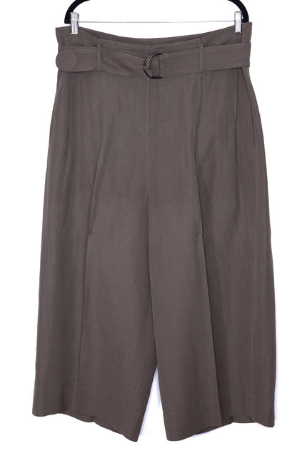 AKRIS PUNTO Fiorella Belted Pants Dark Olive Cropped Wide-Leg Linen Women's 16