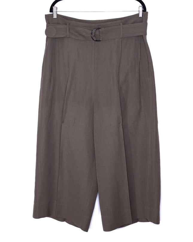 AKRIS PUNTO Fiorella Belted Pants Dark Olive Cropped Wide-Leg Linen Women's 16