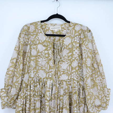 Daughters of India Kyra Mini Dress Olive Green Cotton Floral Print Women's M