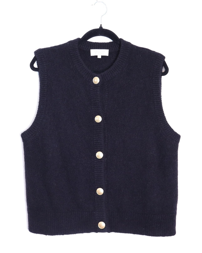 SEZANE Sacha Sweater Vest Cardigan Black w/ Gold Button Wool Blend Women's M