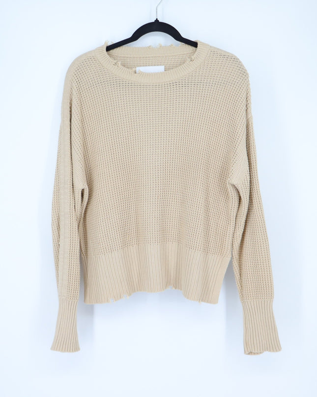 Pistola Olga Distressed Pullover Sweater Khaki Crew Neck Waffle Knit Women's S