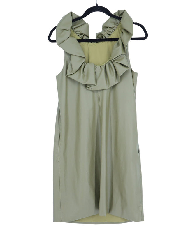 Trina Turk Twin Falls Mini Dress Olive Green Faux Leather Ruffle Neck Women's S