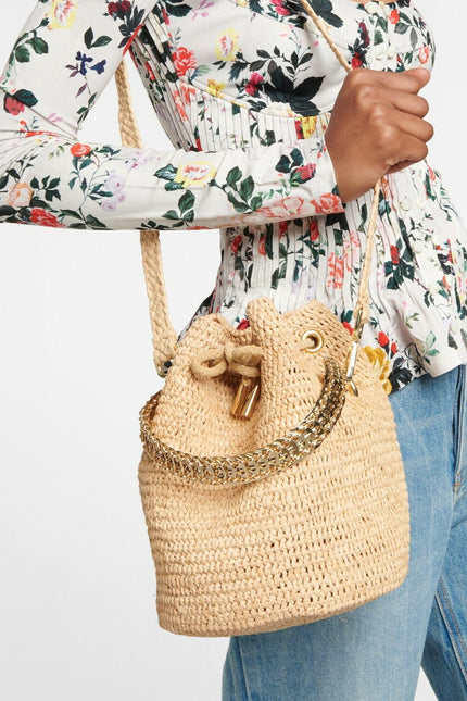 PACO RABANNE Natural Raffia Bucket Bag Gold Chain Link Top Handle Crossbody Bag