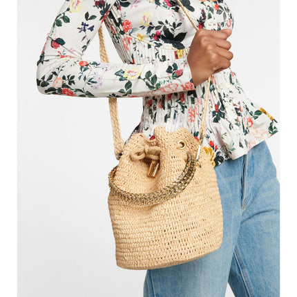 PACO RABANNE Natural Raffia Bucket Bag Gold Chain Link Top Handle Crossbody Bag