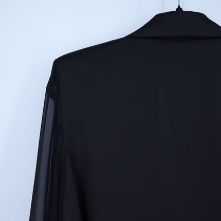 Eureka Babylon Black Satin Belted Blazer Sheer Mesh Long Sleeve Women's 42/US 6