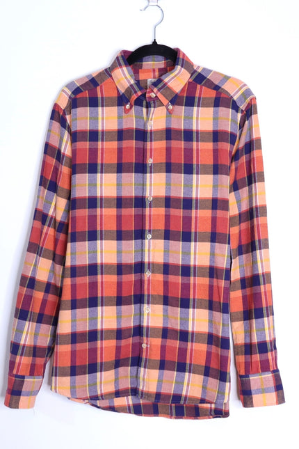 STENSTROMS Slimline Button Down Shirt Orange Multi Tartan Plaid Men's L
