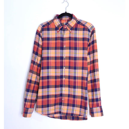 STENSTROMS Slimline Button Down Shirt Orange Multi Tartan Plaid Men's L