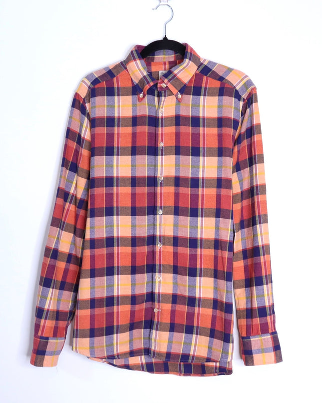 STENSTROMS Slimline Button Down Shirt Orange Multi Tartan Plaid Men's L