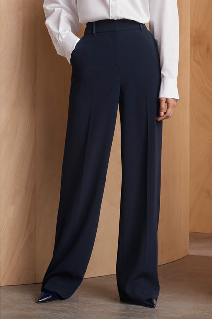 THE FOLD Clever Crepe Adelaide Wide Leg Trousers Navy Blue High Rise Women's 10