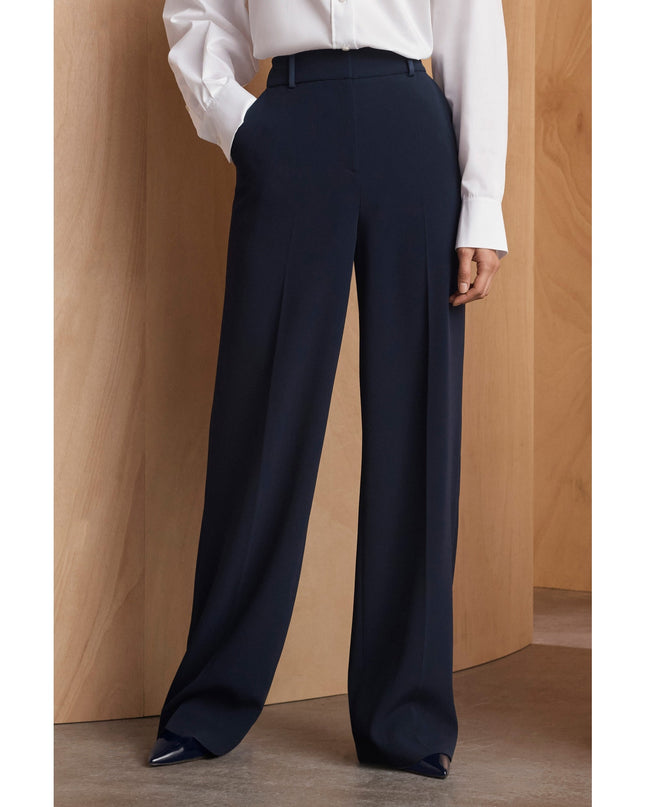 THE FOLD Clever Crepe Adelaide Wide Leg Trousers Navy Blue High Rise Women's 10
