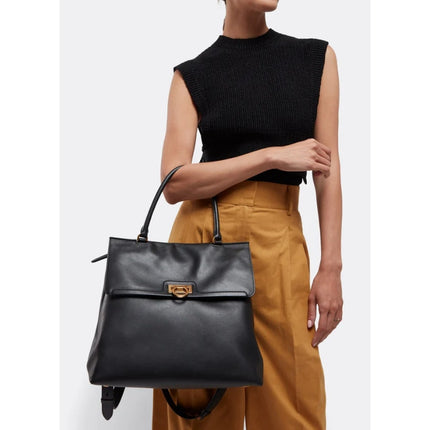 SALVATORE FERRAGAMO Trifolio Leather Backpack Black Top Handle Convertible