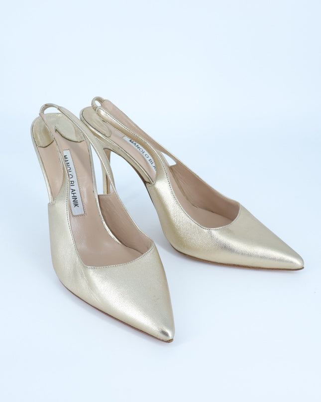 Manolo Blahnik Carolyne Slingback Pump Metallic Gold Leather Women's 37.5 US 7.5