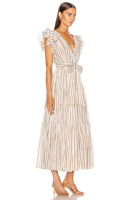 ULLA JOHNSON Lilliana Dress Cream Ruffled Sleeve Maxi Tiered Skirt Women's 2