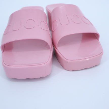 GUCCI Platform Heeled Slides Wild Rose Pink Rubber Logo Slip On Women's 36/US 6
