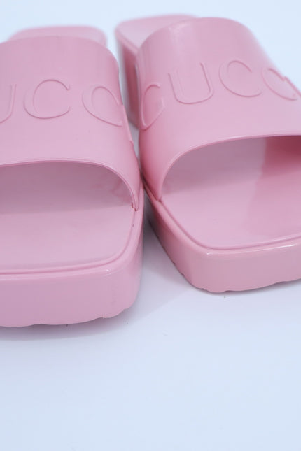 GUCCI Platform Heeled Slides Wild Rose Pink Rubber Logo Slip On Women's 36/US 6