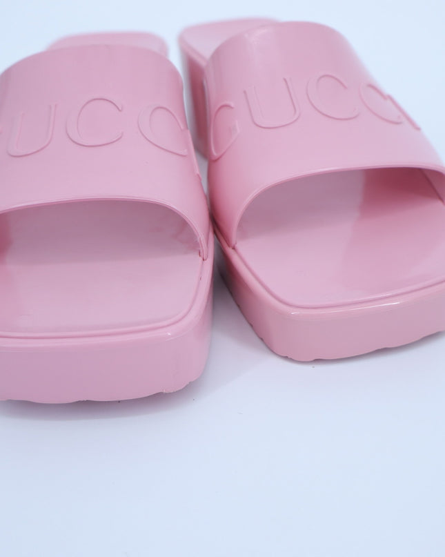 GUCCI Platform Heeled Slides Wild Rose Pink Rubber Logo Slip On Women's 36/US 6
